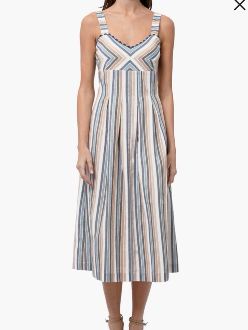 Adelyn Rae Striped Scallop-Trim Midi Dress. Size L Women #562
